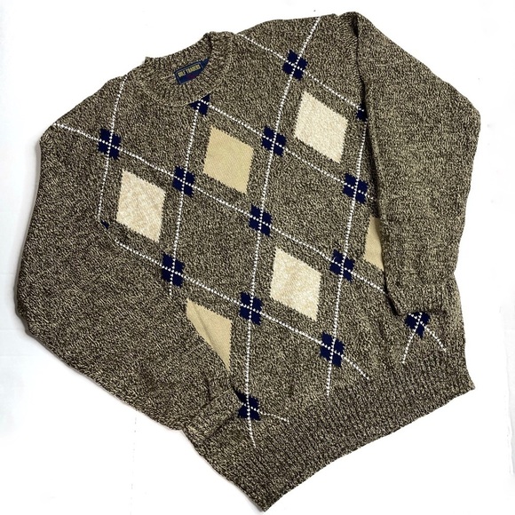 Vintage Cotton Blend Brown Speckled Academia Argyle Knit Sweater - Picture 1 of 8